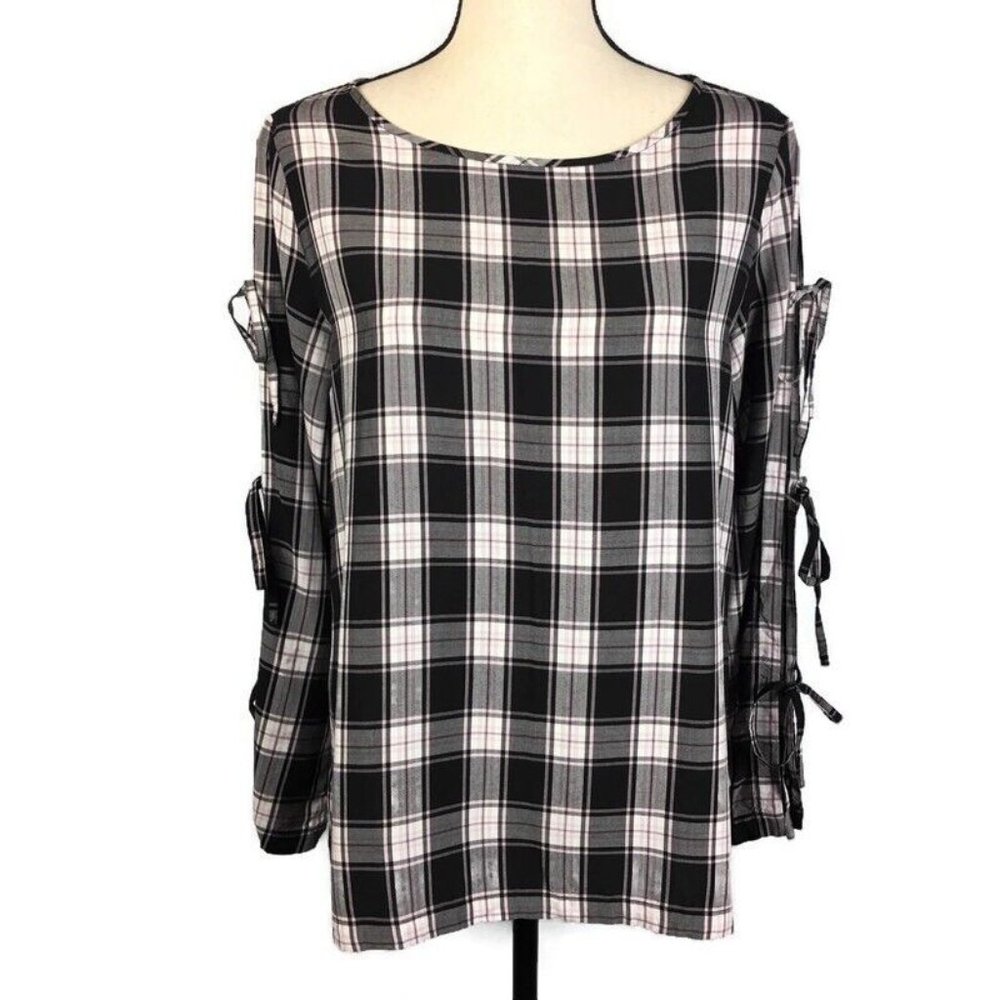 Ann Taylor LOFT Plaid Tie Sleeve Blouse Top